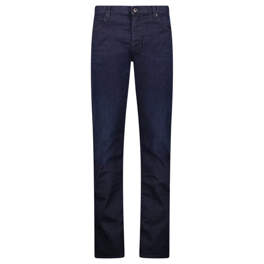 Emporio Armani J45 Regular Fit 5 Pocket Black Eagle Distressed Belt Patch Jeans Dark Blue
