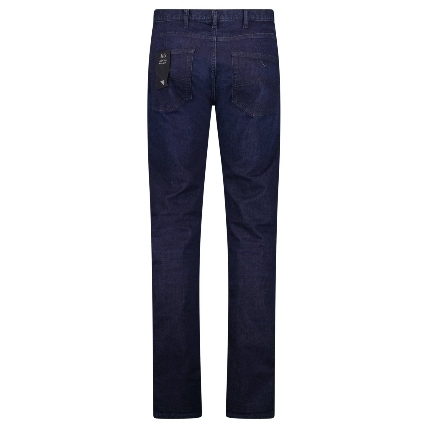 Emporio Armani J45 Regular Fit 5 Pocket Black Eagle Distressed Belt Patch Jeans Dark Blue