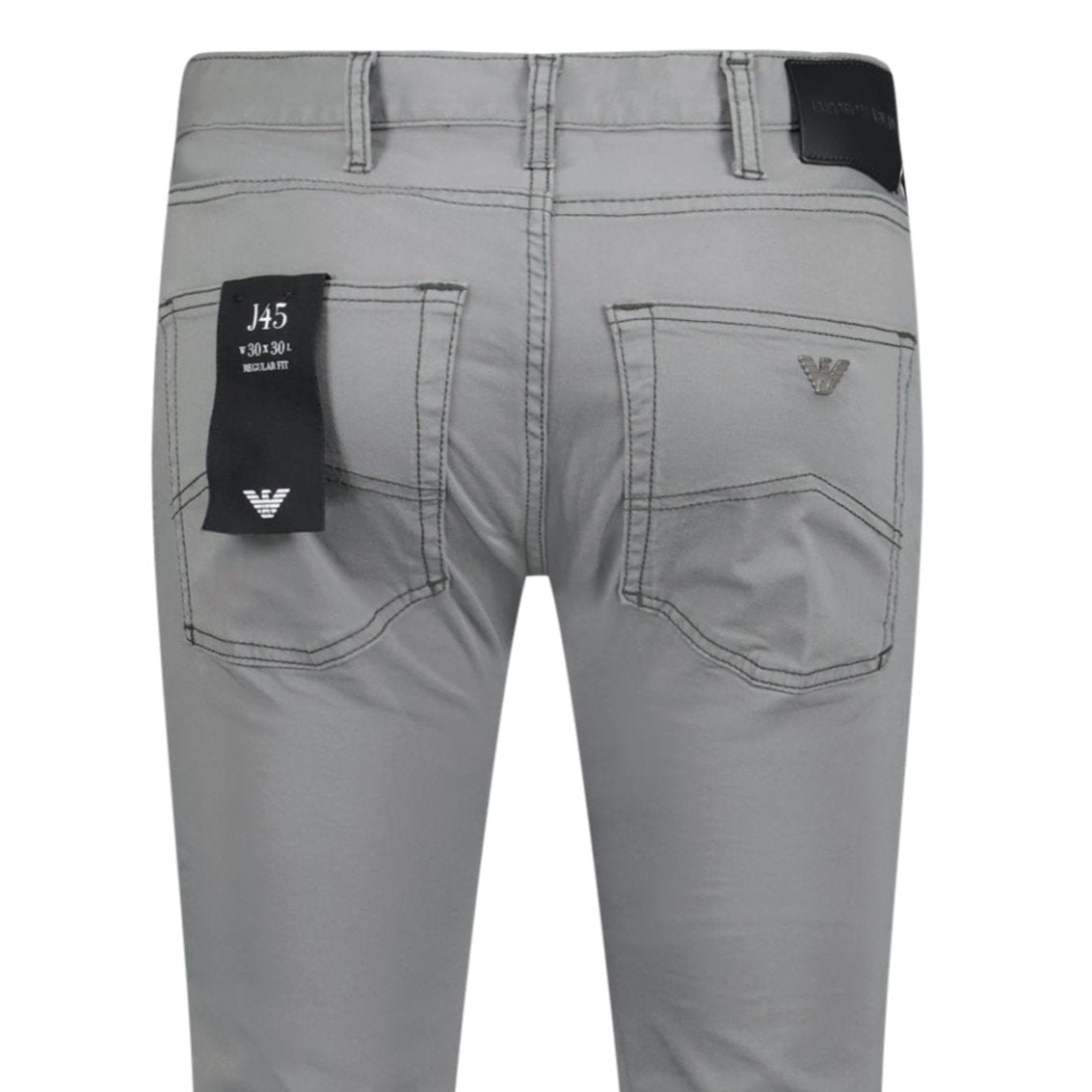 Emporio Armani J45 Slim Fit 5 Pocket Silver Eagle Black Belt Patch Jeans Grey