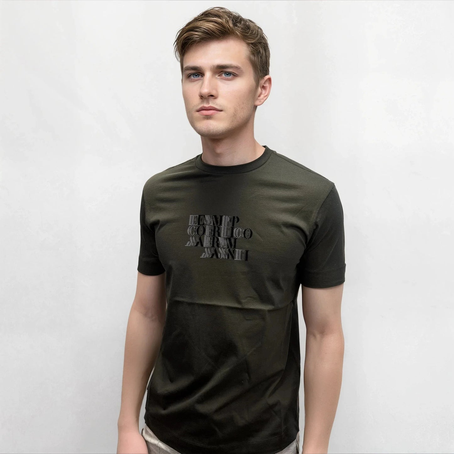 Emporio Armani Velvet Writing Logo Mercerised T-Shirt Khaki Green