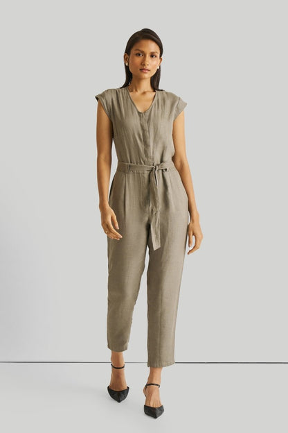 Olive Green Jumpsuit with V-Neck, Micro Sleeves, and Tapered Legs by DC-Reistor