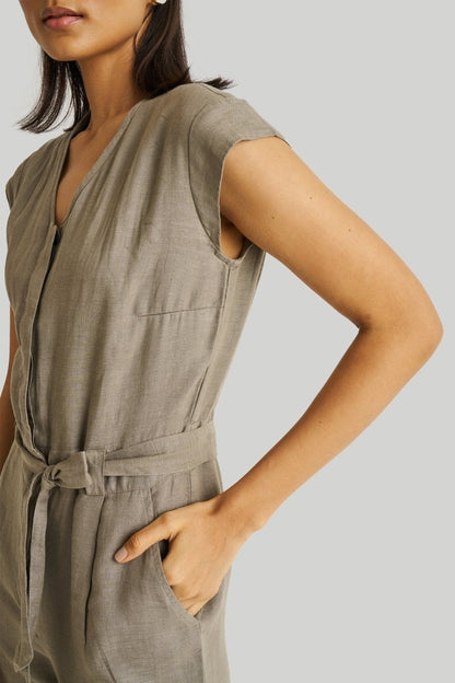 Olive Green Jumpsuit with V-Neck, Micro Sleeves, and Tapered Legs by DC-Reistor