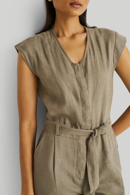 Olive Green Jumpsuit with V-Neck, Micro Sleeves, and Tapered Legs by DC-Reistor