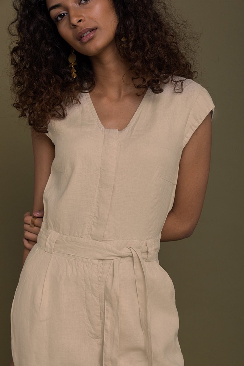 Stylish Neutral Beige Jumpsuit – V-Neck Design, Tapered Legs, Hemp Fabric