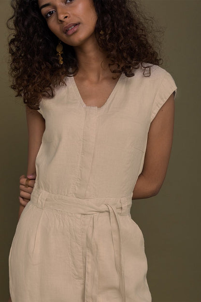Stylish Neutral Beige Jumpsuit – V-Neck Design, Tapered Legs, Hemp Fabric