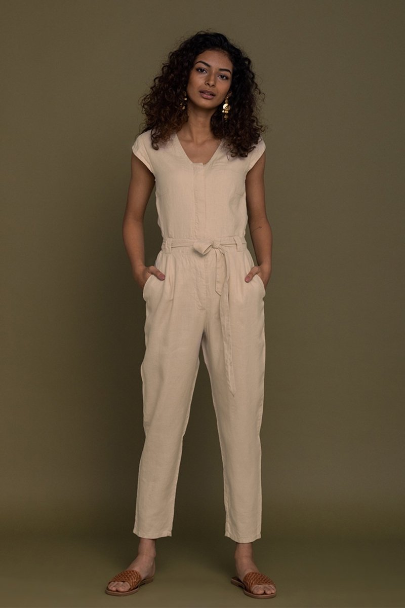 Stylish Neutral Beige Jumpsuit – V-Neck Design, Tapered Legs, Hemp Fabric
