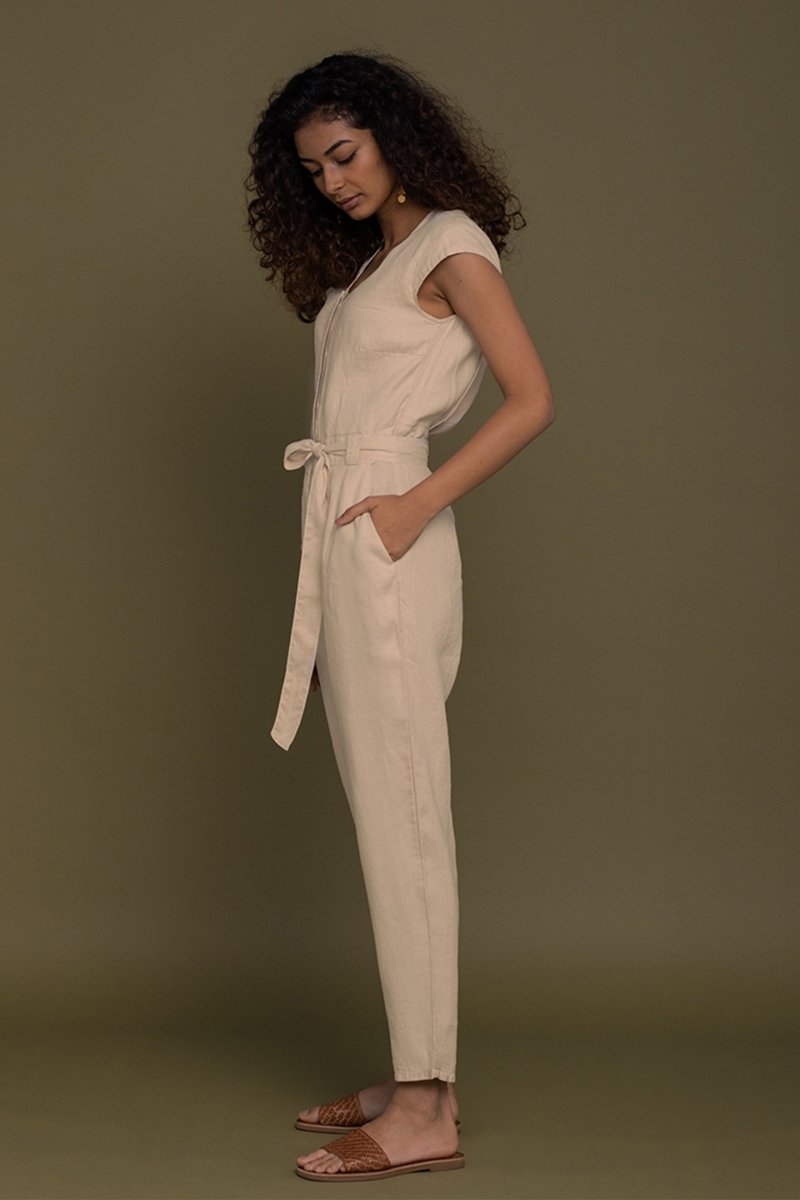 Stylish Neutral Beige Jumpsuit – V-Neck Design, Tapered Legs, Hemp Fabric