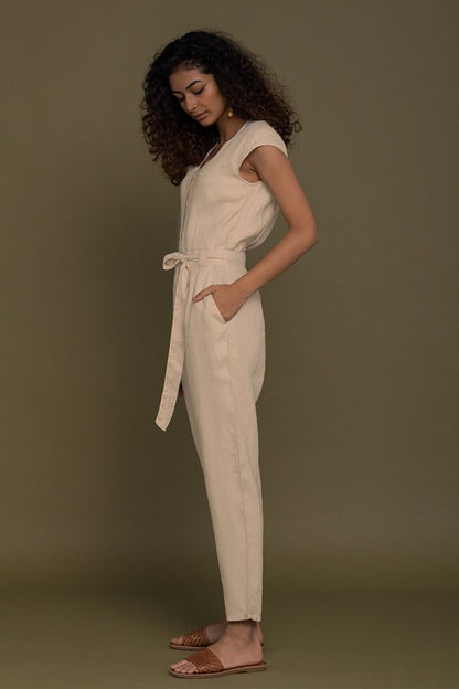 Stylish Neutral Beige Jumpsuit – V-Neck Design, Tapered Legs, Hemp Fabric