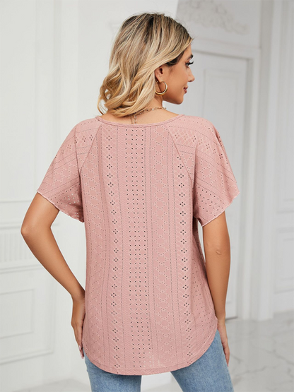 Women's Solid Color Flutter-sleeve Tie-neck Top