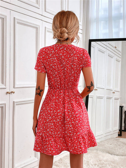 Women's Woven V Neck Short Sleeve Printed Dress