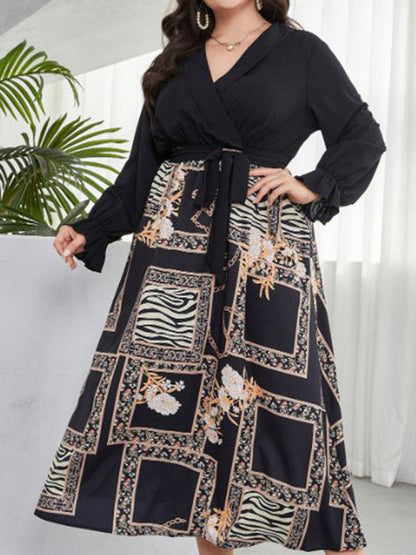 New style plus size women's temperament age reduction simple tie print dress