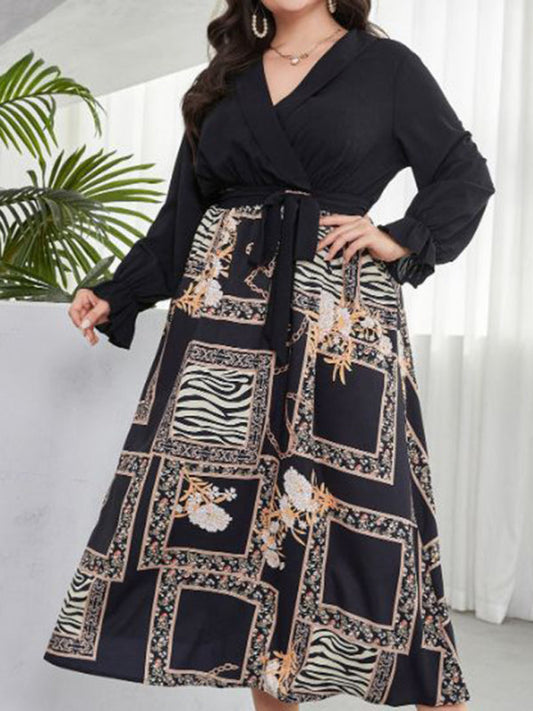 New style plus size women's temperament age reduction simple tie print dress