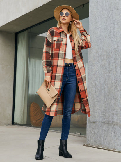 Women's Leopard Plaid Print Plush Stitching Contrast Color Warm Long Sleeve Jacket
