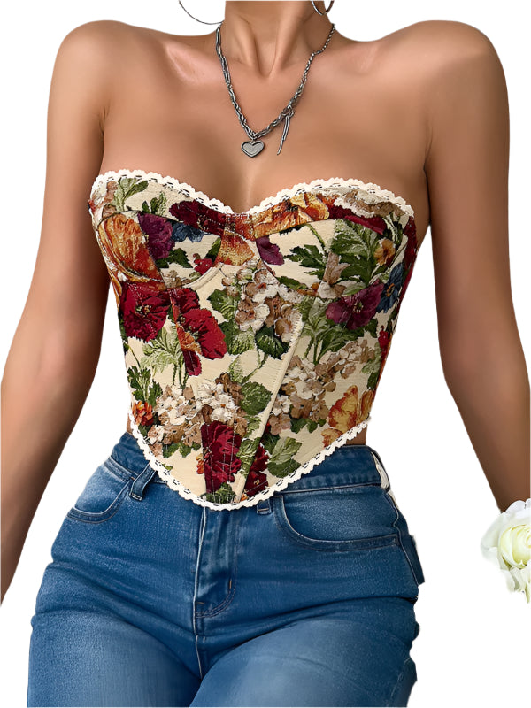 Women’s Street Retro Floral Lace-Up Corset Vest – French Niche Fishbone Bustier Top