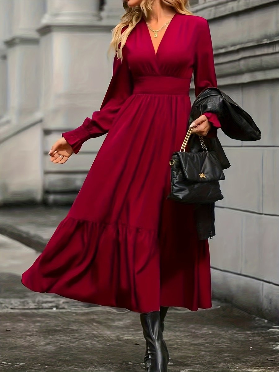 Long Sleeve Plus Size Dress with A-Line Skirt in Solid Colors - Stylish and Comfortable