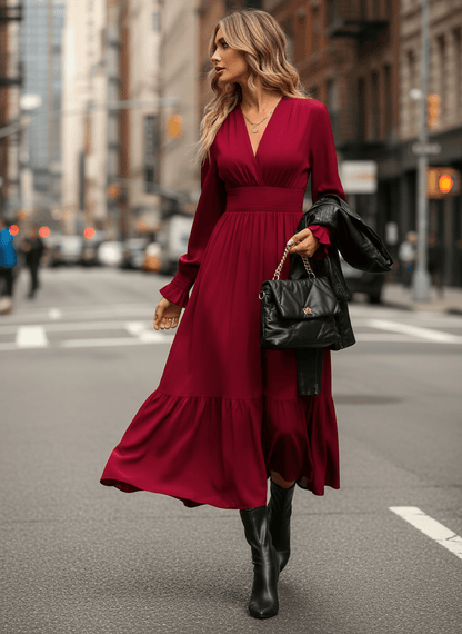 Long Sleeve Plus Size Dress with A-Line Skirt in Solid Colors - Stylish and Comfortable