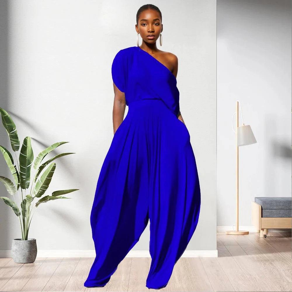 One Shoulder Top Solid Colour Women 2 Piece Pants Set