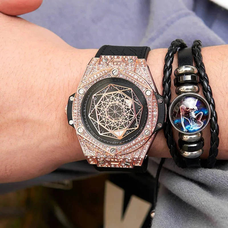 ONOLA Waterproof Sports Watch for Men - Quartz Diamond Clock with Leather Belt