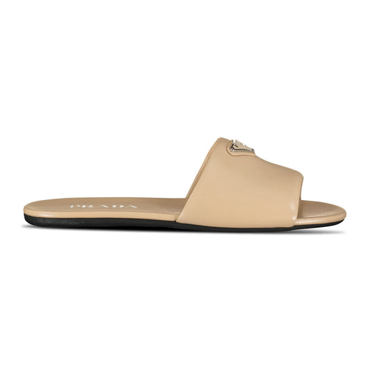Prada Triangle Logo Puffer Sliders Beige