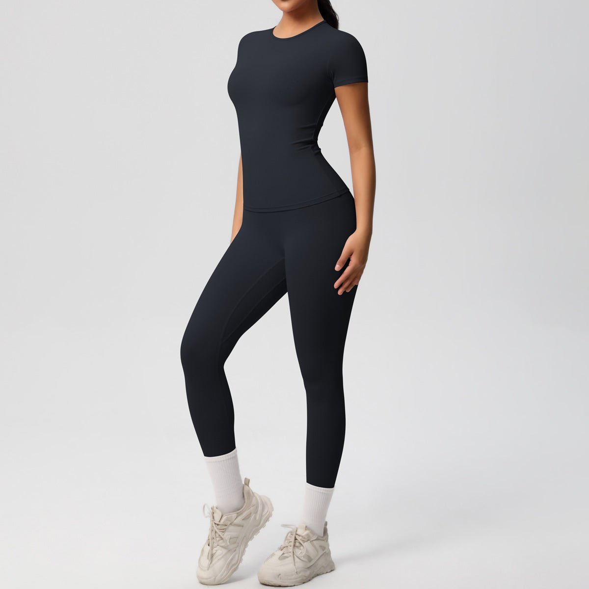 Skin-friendly Sports Set - European and American Style, Solid Color T-shirt, Stretchable Yoga Pants, High Waist Workout Suit for Women