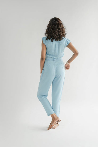 Stylish Tencel Jumpsuit for Women | V-Neck, Micro Sleeves, and Pocket Details in Blue Denim