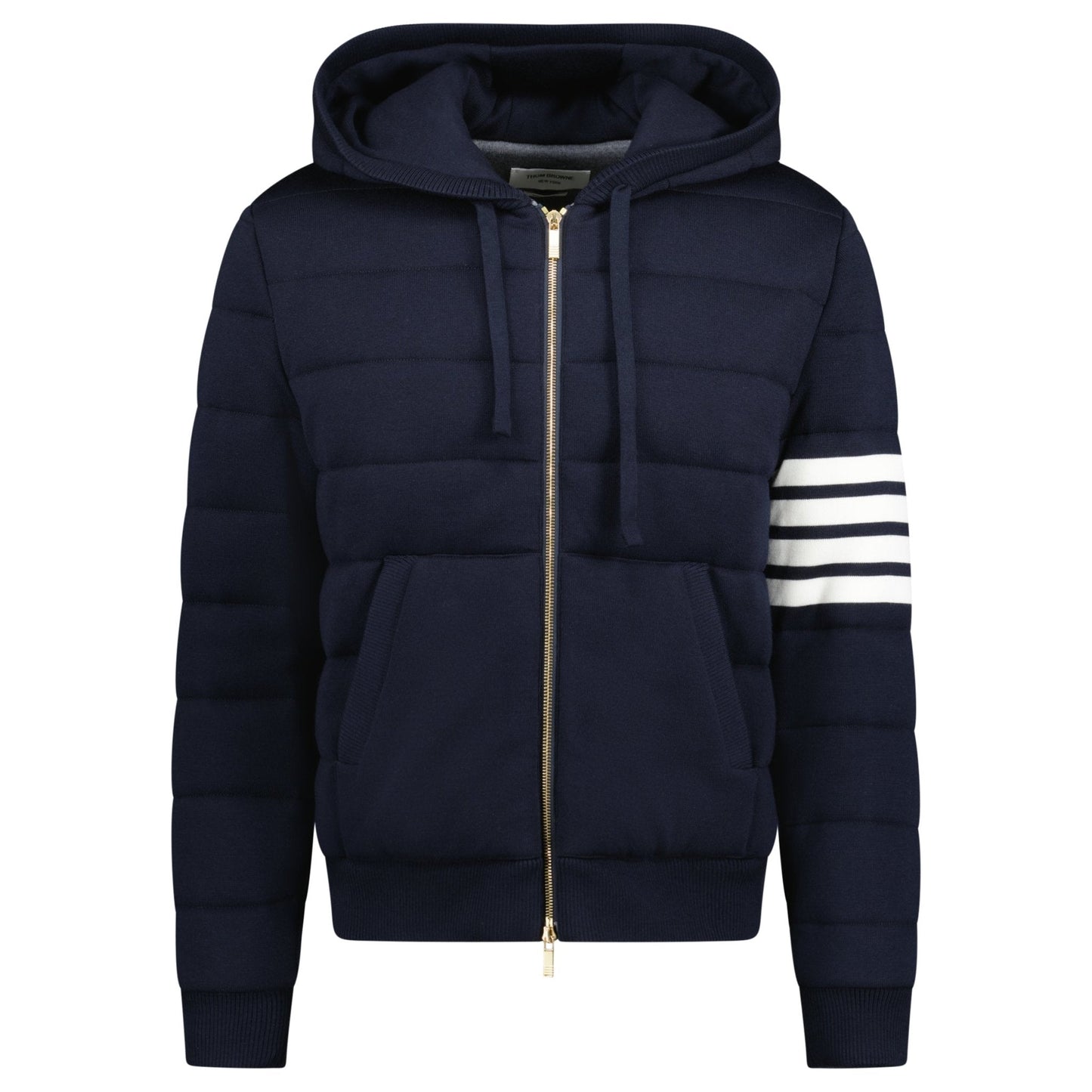 Thom Browne Merino Wool Jersey Stitch Padded 4-Bar Zip-Up Hoodie in Navy