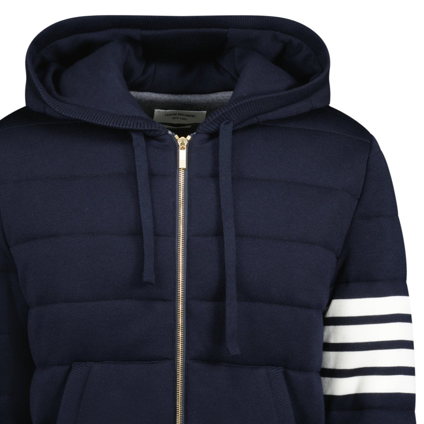 Thom Browne Merino Wool Jersey Stitch Padded 4-Bar Zip-Up Hoodie in Navy