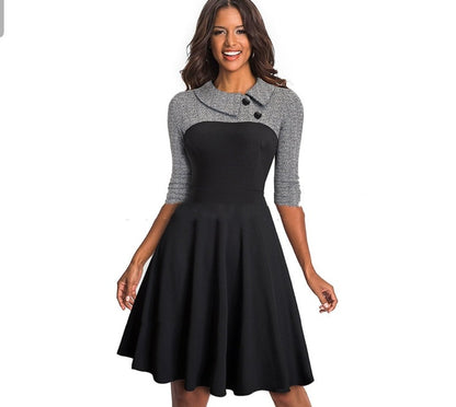 Three-quarter Sleeve Slim-fit Commute Color Contrast Patchwork Lapel A- Line Dress