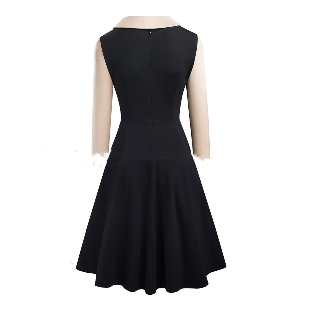 Three-quarter Sleeve Slim-fit Commute Color Contrast Patchwork Lapel A- Line Dress