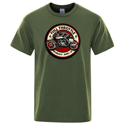 Full Throttle Cafe Racer Rockabilly Biker Printed T-Shirt Men Fashion Casual Short Sleeve Loose Cotton Tshirt Summer Loose Tees