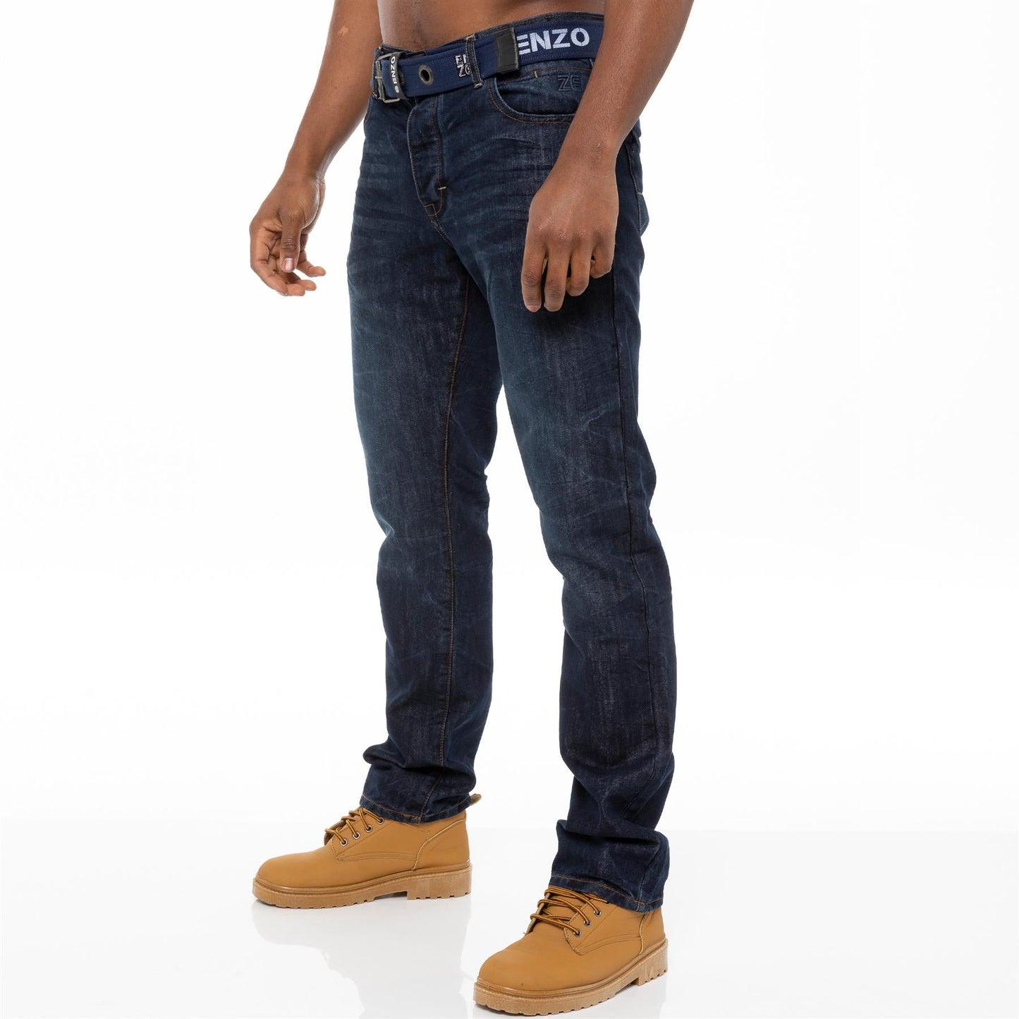 Enzo Mens Jeans Straight Leg Denim Pants Regular Fit Free Belt Trousers UK Sizes