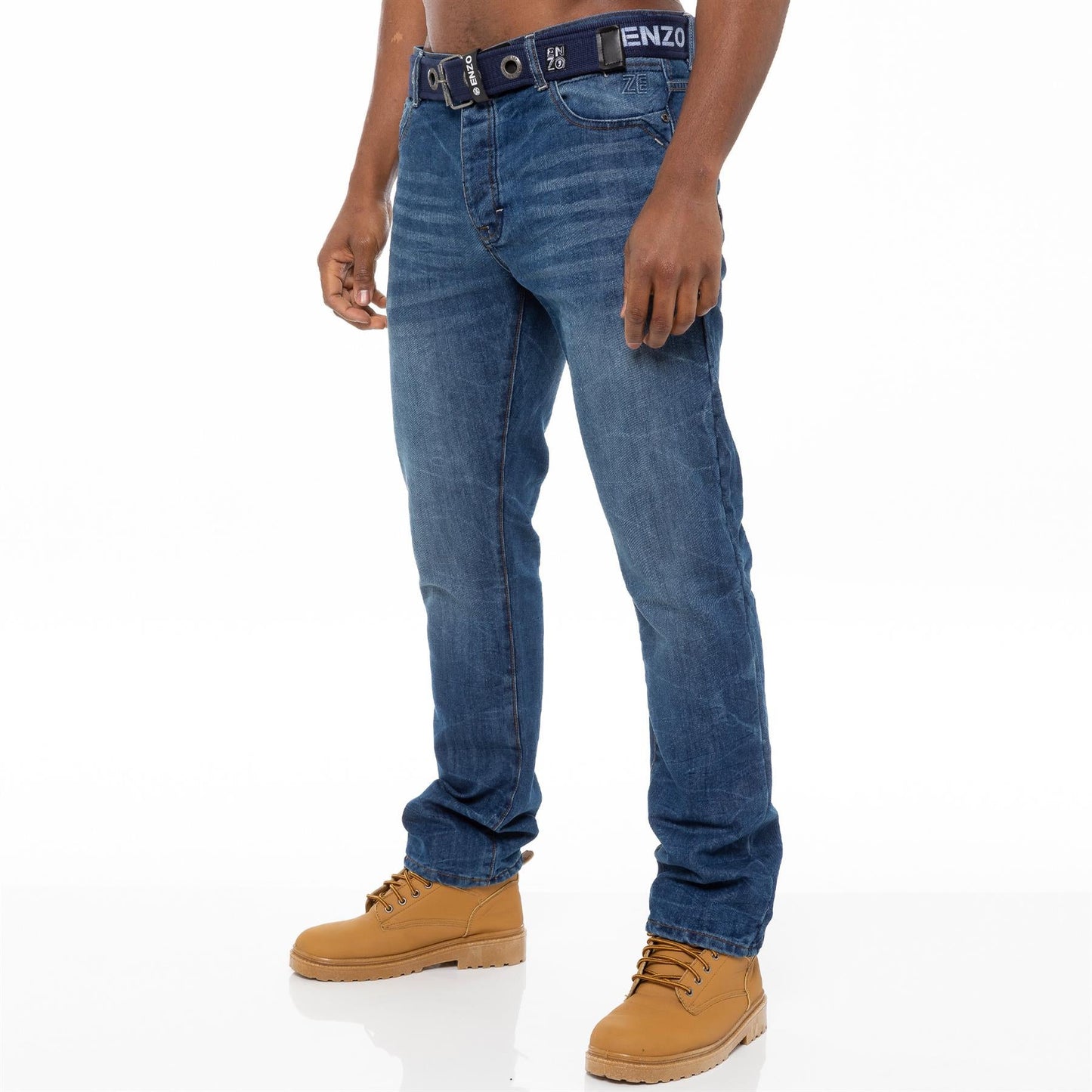 Enzo Mens Jeans Straight Leg Denim Pants Regular Fit Free Belt Trousers UK Sizes