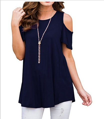 Womens Cold Shoulder Tops Summer T-Shirt Ladies Short Sleeve Swing Baggy Blouse