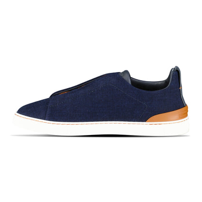 Zegna Triple Stitch Contrast-Sole Denim Low-Top Trainers Navy
